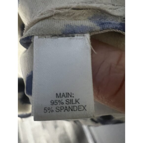 St. John Animal Print Blouse WOMEN L Loose Fit Beige & Navy Long Sleeves Ruffled - Picture 7 of 8